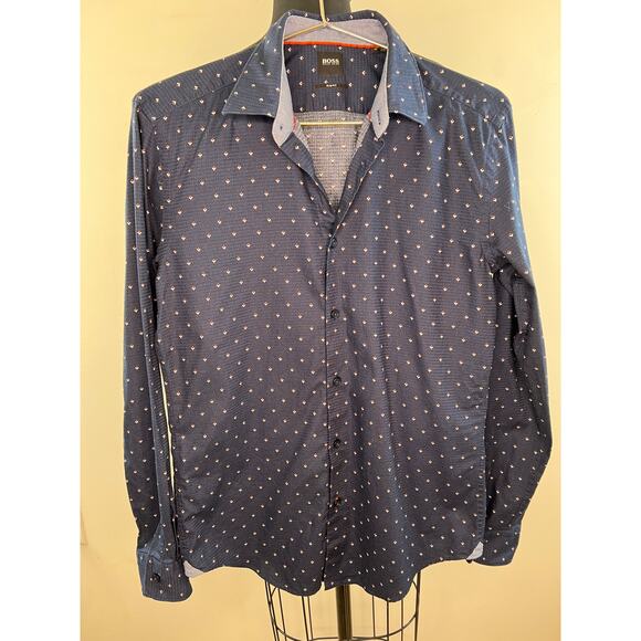 Hugo BOSS Men's Ronni Navy Blue Patterned Slim Fit Button Down Shirt Medium M - Picture 2 of 10